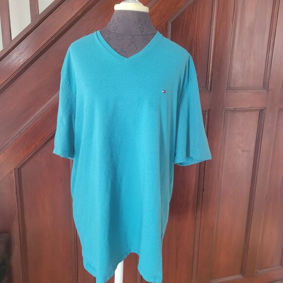 Tommy Hilfiger Mens Turquoise V-Neck T-Shirt XXL Cotton Casual Short Sleeve - Picture 1 of 4